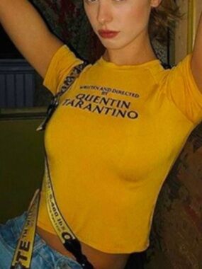 Yellow Short Sleeve Graphic Tee with Black Shoulder Trim